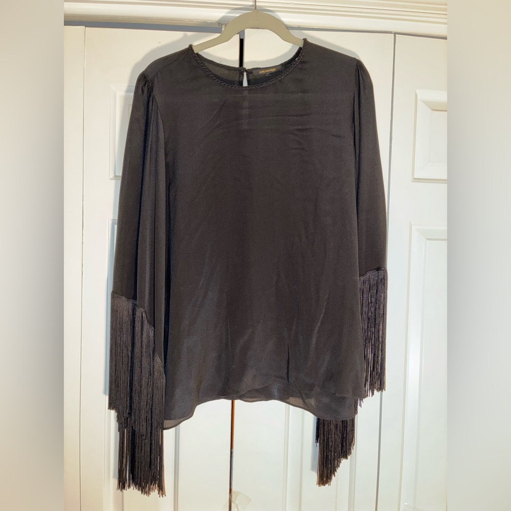 Kobi Halperin black silk blouse with fringe on sleeves! Sz XL